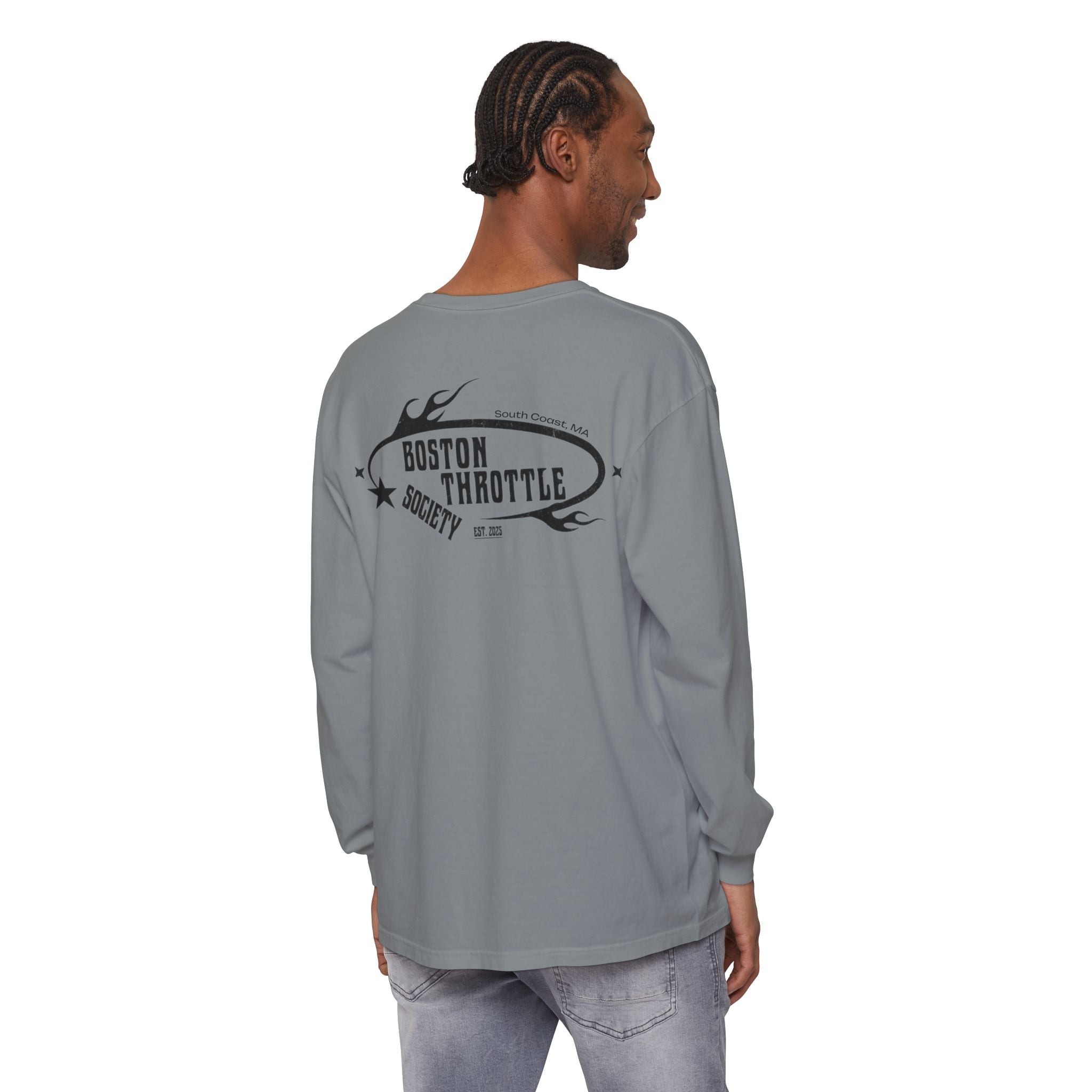 Boston Throttle Society Long Sleeve Tee — Retro Motorcycle Club Graphic