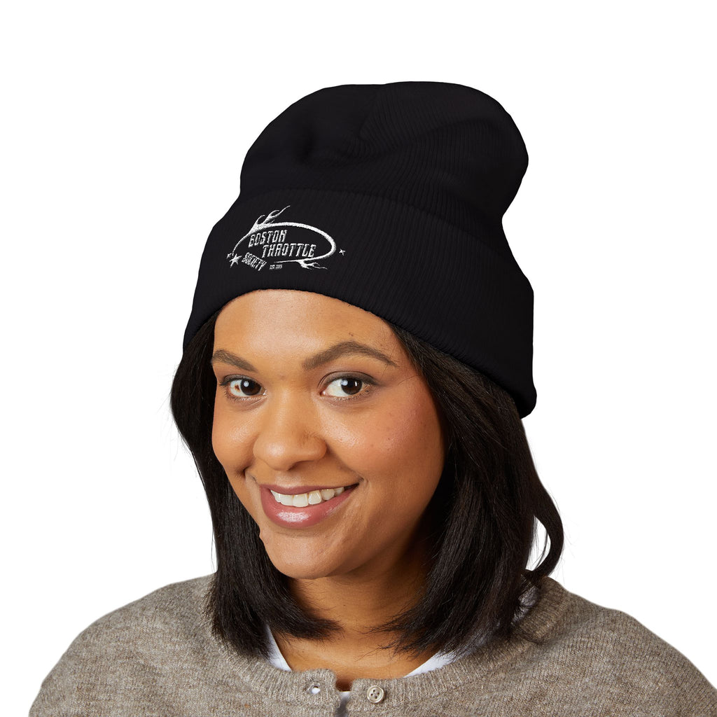Embroidered "BTS" Cuffed Beanie — Motorcycle Rider Skull Logo