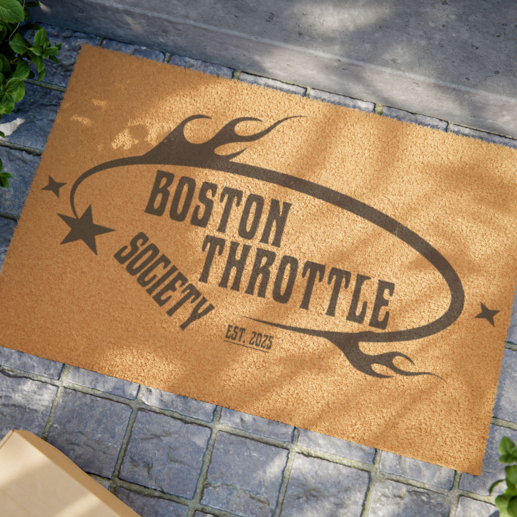 Boston Throttle Society Doormat — Rustic Motorcycle Welcome Mat