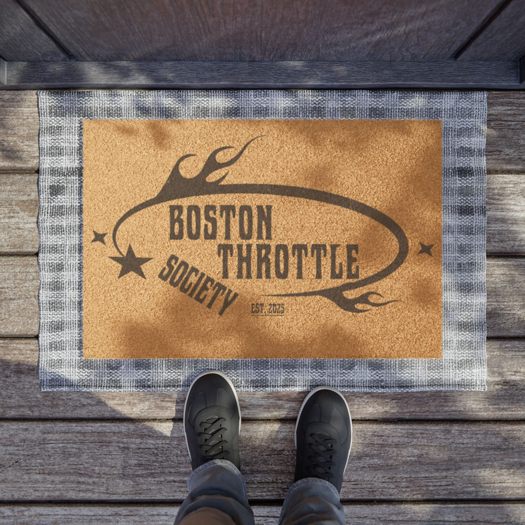 Boston Throttle Society Doormat — Rustic Motorcycle Welcome Mat