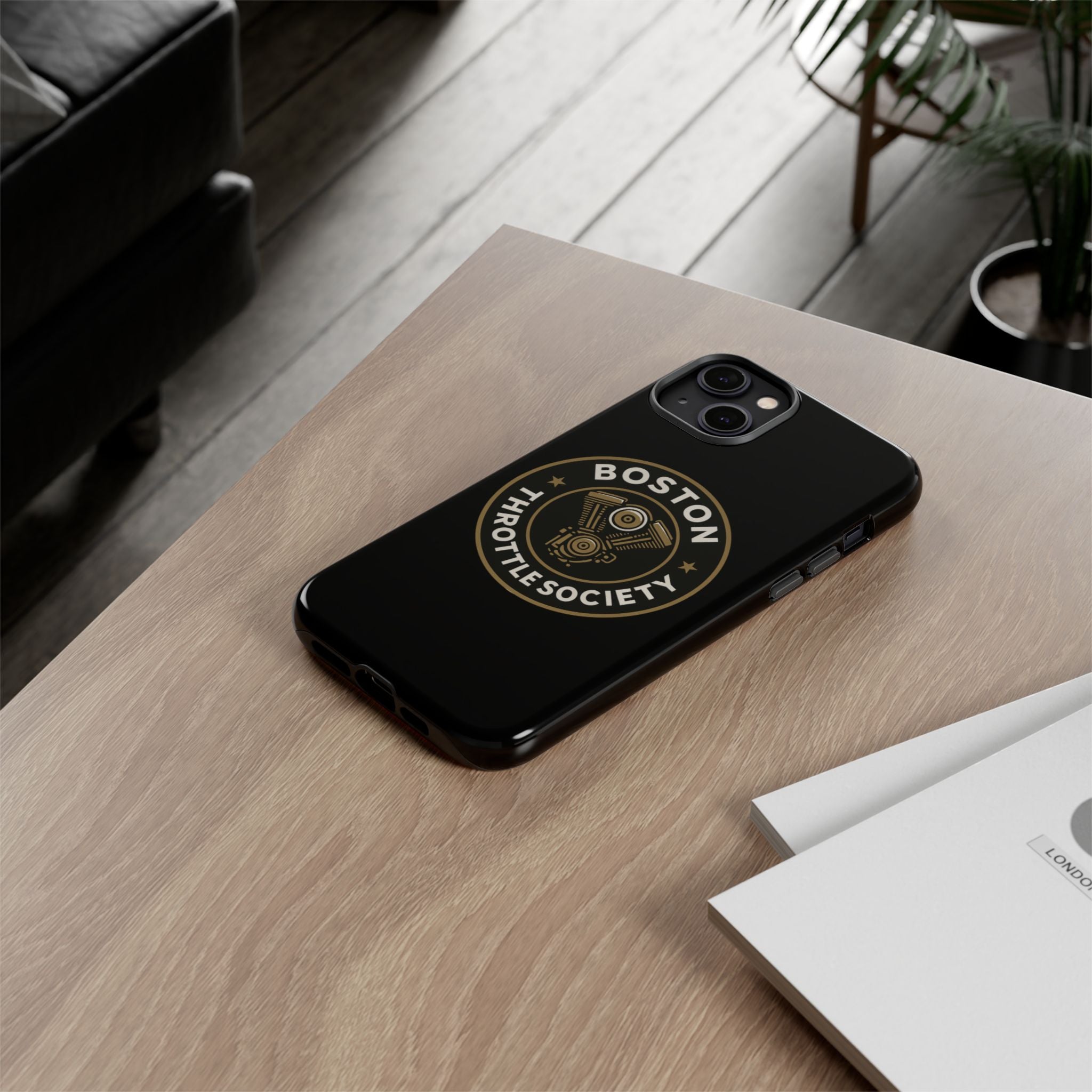 Boston Throttle Society phone case | motorcycle engine emblem
