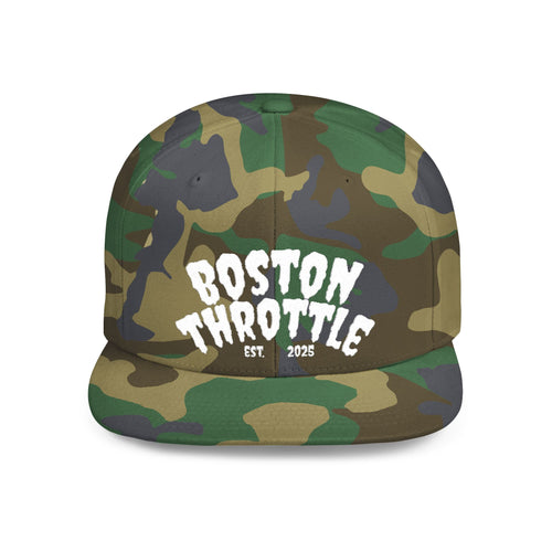 Boston Throttle Flat Bill Snapback Hat — Vintage Motorcycle Racing Cap