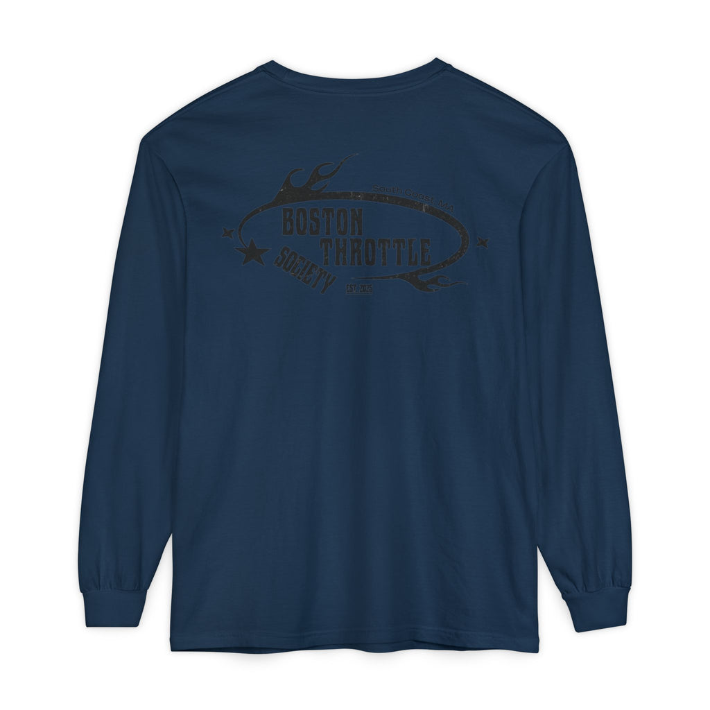 Boston Throttle Society Long Sleeve Tee — Retro Motorcycle Club Graphic